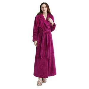 Rose Red Long Robe Soft Warm Fleece Plush Bathrobe